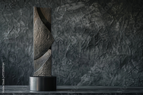 Craft an award trophy with minimalist sophistication, featuring clean lines and subtle textures that exude a sense of understated luxury and prestige against a backdrop of deep, inky blackness