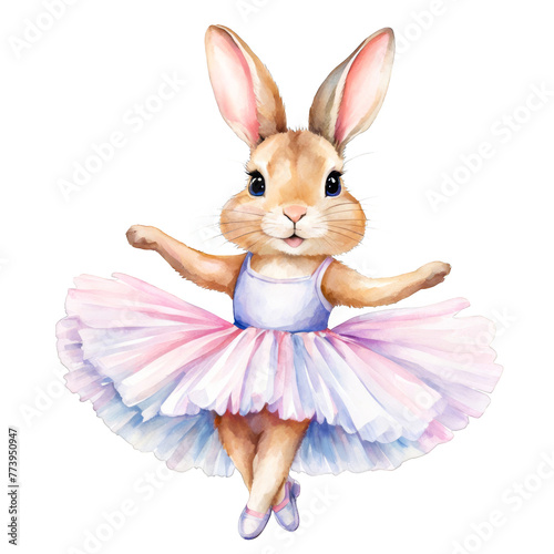 A bunny rabbit wearing tutu and ballet slippers, dancing, watercolor illustration, cute humanoid rabbit, for scrapbook, junk journals, blogging sited, projects, ad promos, hobby, pet, dancer lover