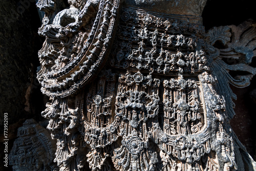 Ornate carvings on a deity at the ancient Hoysaleshwara temple in Halebidu in Karnataka.
