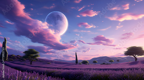 landscape with moon and clouds,a purple sky with a moon and clouds in the sky.Springtime in a lavender field under a clear sky.
