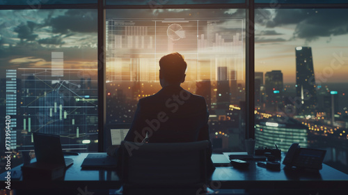 A cinematic still of an accountant in a sharp suit, surrounded by dynamic holographic financial charts and graphs, the city skyline in the background, evening ambiance with glowing lights