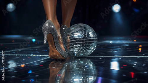 A close-up of dazzling stiletto heels beside a reflective disco ball on the dance floor