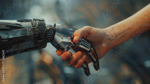 Collaboration of Human and Robotic AI. Human and AI handshake. Human and AI friendship.