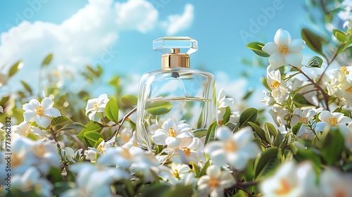 Transparent bottle of perfume surrounded by white gardenia flowers on blue sky background. Floral perfume bottle with white blooming flowers. Generative Ai
