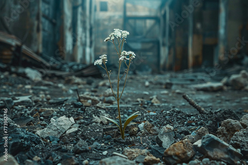 Generate an image of a delicate plant with tiny flowers emerging from the cracks of an abandoned industrial complex, reclaiming forgotten spaces with beauty