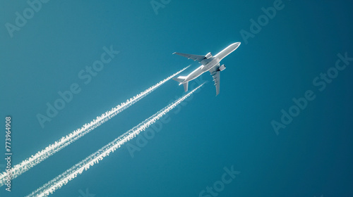 Distant passenger jet plane flying on high altitude on clear blue. A jet plane flying overhead diagonally with condensation trail.Single jet with visible smoke lines.