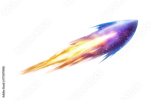 comet streaking through space, with its glowing tail illuminated against white background