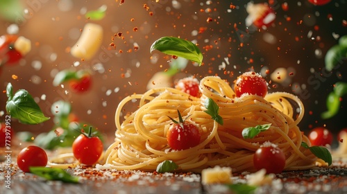 floating in the air, against a rustic terracotta backdrop, gourmet pasta dishes, al dente spaghetti, fresh basil leaves, ripe cherry tomatoes and parmesan cheese shavings.