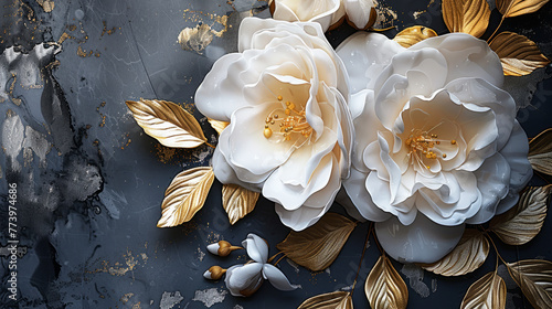  painted white flower and golden leaves on a dark gray background, 