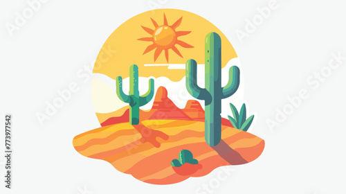 Flat abstract icon sticker button with desert sun cact