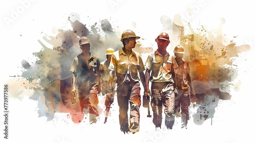 World Labor Day with a group of workers in watercolor style, the concept of congratulations on an international holiday