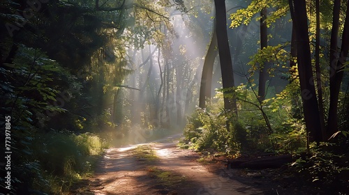 Shaded forest path with dappled sunlight filtering through the trees, providing a tranquil and inviting scene 