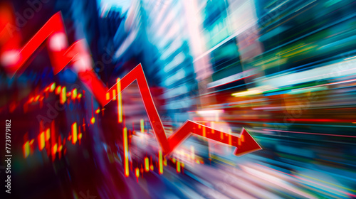 Red arrows pointing down and a stock market graph going downward on a blurred background of a city street with business buildings. financial change or global economic disaster