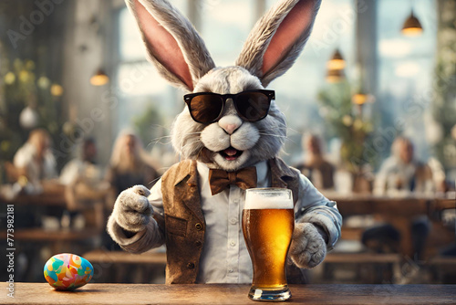 cool easter bunny with a glass of beer in its hand