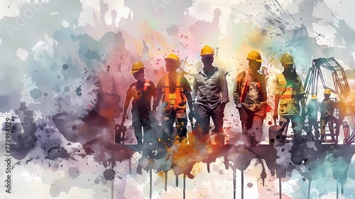 International Labor Day on May 1 with a group of workers in watercolor style, the concept of a banner with congratulations on the world holiday
