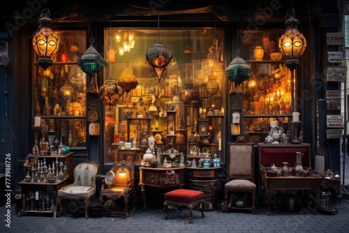 Antique shop storefront displaying a variety of vintage items, exuding a mysterious and nostalgic charm