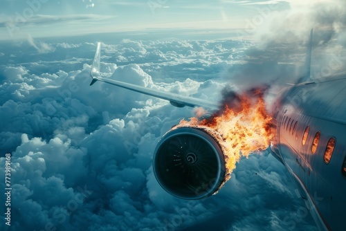 Artistic depictions of airplane disasters showing burning jet engines on wings
