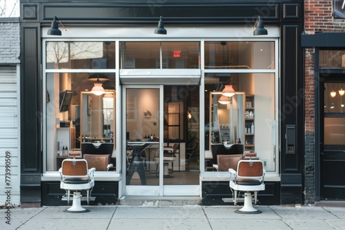 Modern barbershop exterior with vintage chairs and stylish interior