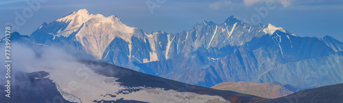 Mountain landscape, panoramic view, snow-capped peaks, glaciers. climbing