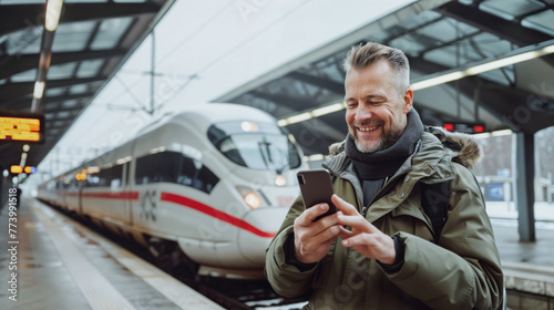 homme de 30-40 ans sur le quai d'une gare en train de consulter son smartphone en attendant son train