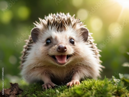 smiling happy hedgehog on the grass on sunny day