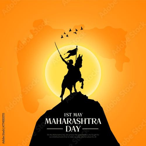 Maharashtra map vector and Shivaji Maharaj silhouette vector banner design for happy Maharashtra day on 1st May.