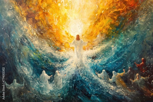 Followers find Jesus in a blaze of divine light, a moment frozen in acrylic brilliance