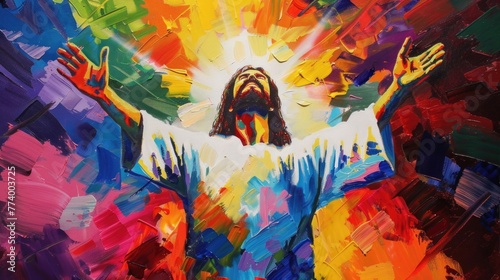 Jesus Christ surrounded by light, hands raised in blessing, vibrant acrylic colors