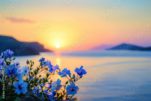 A beautiful blue flower with a sun in the background