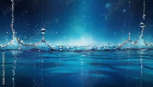 Capturing the tranquility of water, this image shows serene droplets creating ripples on a smooth blue surface, perfect for serene themes.. AI Generation