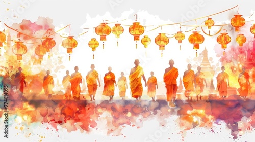 Songkran Festival banner with a watercolor scene of monks in orange robes, embodying peace and blessings with text Songkran Festival