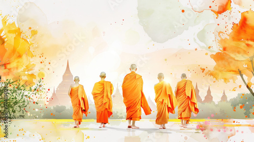 Songkran Festival banner with a watercolor scene of monks in orange robes, embodying peace and blessings with text Songkran Festival