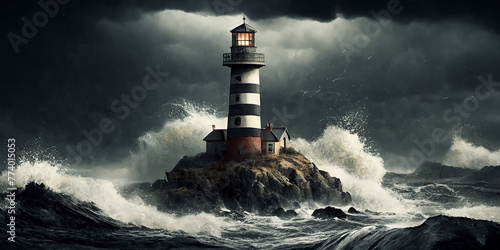 A lighthouse to light the way during a storm. Art composition. 