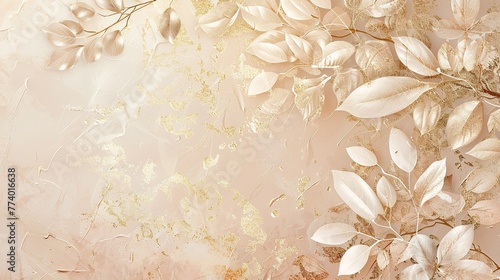 Abstract art painting of leaves in light beige and gold metallic colors, in the style of boho with glitter edges, on a pale pink background, with white flowers, with soft lines and shapes
