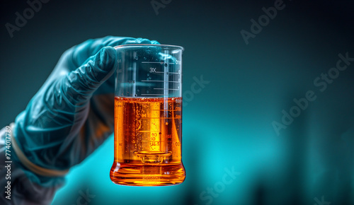 A gloved hand holds a glass beaker, a flask with ethanol biofuel in blue background. Natural plant alternative fuel energy, oil renewable research in industrial laboratories