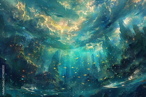 Ethereal ocean in surrealistic painting, dreamlike marine fish floating, imaginary and mystical underwater world
