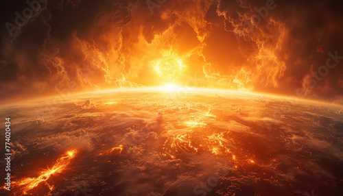 Overheated world with an immense sun close by, vivid colors, shoulder angle