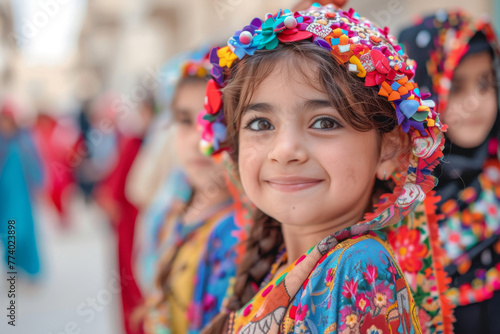 Smiling Girl in Traditional Floral Headwear at Cultural Parade