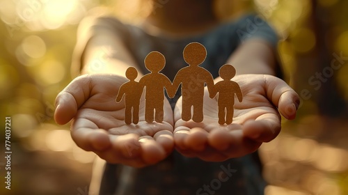 Hands holding paper family cutout, family home,life insurance, adoption foster care, homeless support , mental health, homeschooling education
