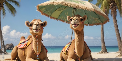 Two camels are lying on the beach