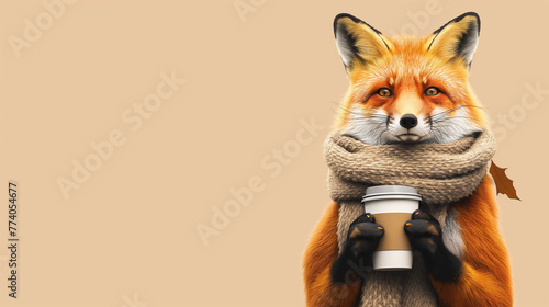 Erkältung mit Husten und Schnupfen - Tier hält Tasse Tee oder Kaffee mit Halstuch Schal Fuchs symbolisch Generative AI