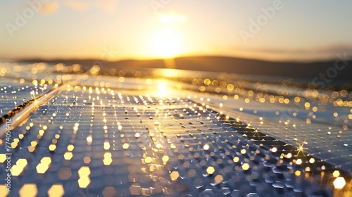A detailed shot of a solar panel's surface, capturing the intricate pattern of cells that convert sunlight into electricity, with a backdrop of a clear, sunny sky, emphasizing the beauty of solar tech