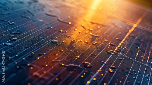 A dynamic close-up of a solar panel, with droplets of morning dew reflecting the rising sun, emphasizing the detail and efficiency of photovoltaic technology in converting sunlight into electricity.