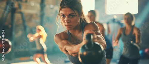 An exercising woman swings a kettlebell during a gym class