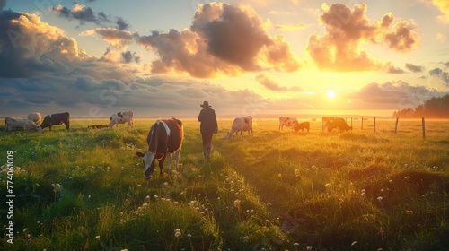 Sunset cow feeding by mature farmers
