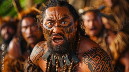 Maori tribes warriors, traditional tattoo Polynesian people of New Zealand.