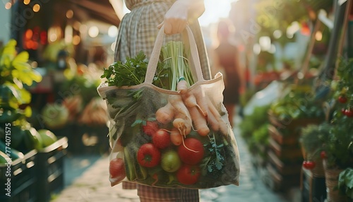 "Close-Up Shot of Person's Hand Holding Eco-Friendly Reusable Shopping Bag with Bio Vegetables at Local Farmers Market - Healthy Food Shopping, Zero Waste, Plastic Free, HD Web Color"