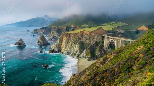 Bixby Creek Bridge on Highway 1 at the US West Coast traveling south to Los Angeles, Big Sur Area, California