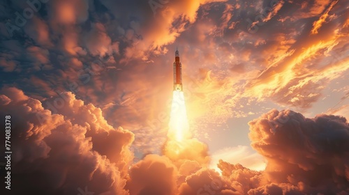 A rocket launching vertically into the sky, surrounded by clouds of smoke