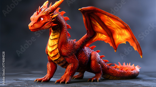A fiery red and orange dragon spreads its wings with detailed scales, embodying strength and fantasy